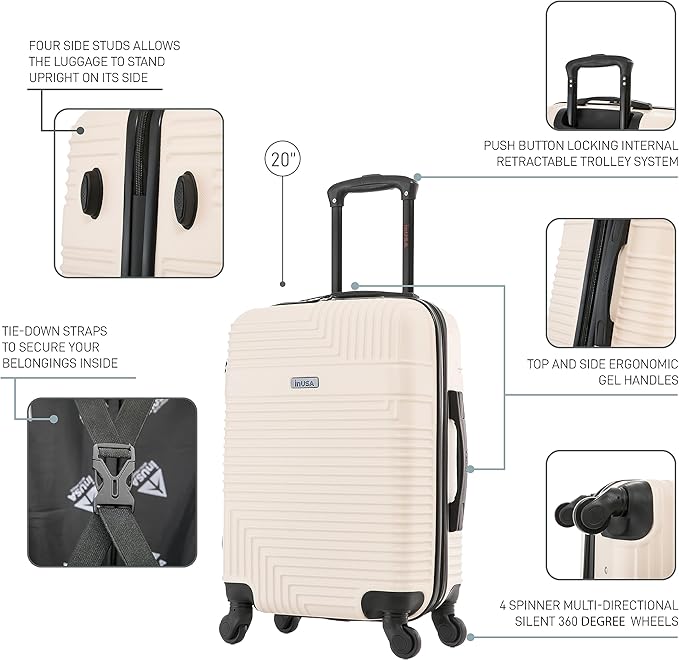 InUSA RESILIENCE Luggage with Spinner Wheels | Durable Lightweight Hardshell Suitcase, Spacious Travel Bag with Handle and Trolley | 20-Inch Carry On Small Luggage | Sand
