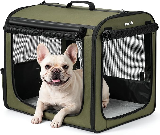Dog Car Carrier Light Weight 24×17.7×20.5in, Dog Carrier Easy to Assemble, Dog Car Crate Portable and Breathable, Foldable Pet Carrier for Indoor and Outdoor, Dog Travel Crate with Curtain Green
