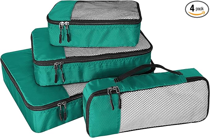 WTREE 4-Piece Packing Cubes Travel Accessories Set for Suitcases - Luggage Organizer Bags with Double Zipper - Mesh Top - Small/Medium/Large/Slim - Green