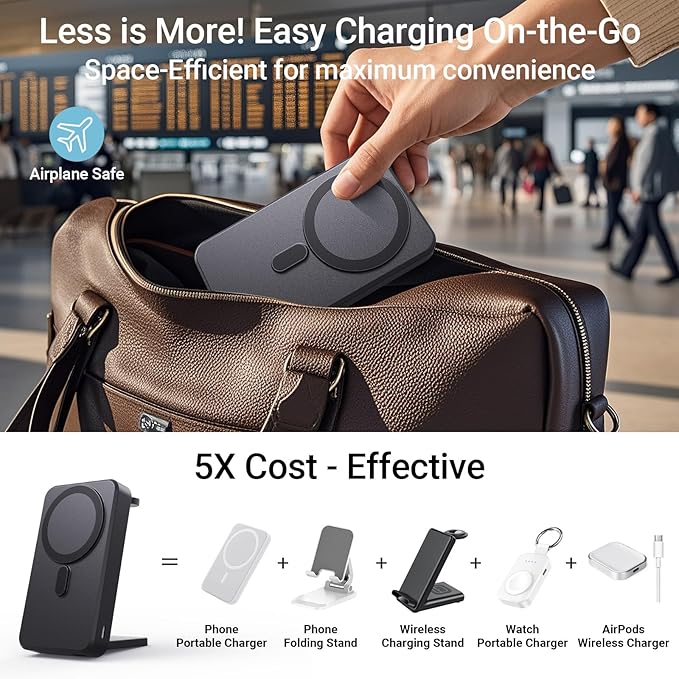 Kysson 5-in-1 Portable Charger,10000mAh Foldable Power Bank Fast Charging,MagSafe Charger Battery Pack Magnetic,Travel Wireless Charging Station for iPhone 17/16/15/14/13/12,iWatch,Air pods,MatteBlack
