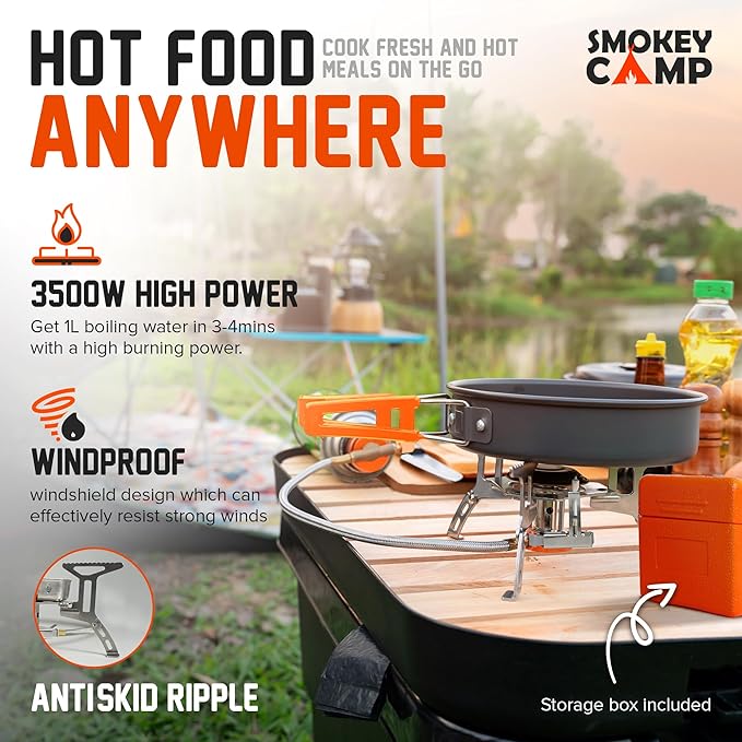 Smokey Camp Camping Cookware Mess Kit Set with Stove - Backpacking Camping Pots and Pans Set, All in One Non-Stick Camping Cooking Set, Portable Stove, Hiking, Picnic, Outdoor & Camping Cookware Set