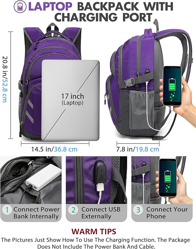 ProEtrade Extra Large Backpack Bookbag for College Laptop Travel, Fit Laptop Up to 17 inch with USB Charging Port Multi Compartment Anti theft, Gift for Women Men (Light Purple)