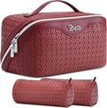 BOYATU Travel Makeup Bag Cosmetic Bags for Women: Large Capacity 3 Pcs Set Make up Bag with Compartments - Waterproof Vegan Leather Toiletry Organizer Bags with Handle (L52Burgundy)