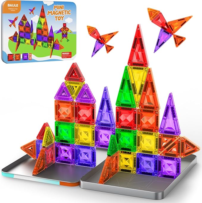 Mini Magnetic Tiles, 45PCS Diamond Pattern Magnetic Tiles Travel Set with Case, Portable Building Toys Creativity Boosting Sensory Toys for Kids Ages 4-8 Toddler Boys Girls Halloween Birthday Gift