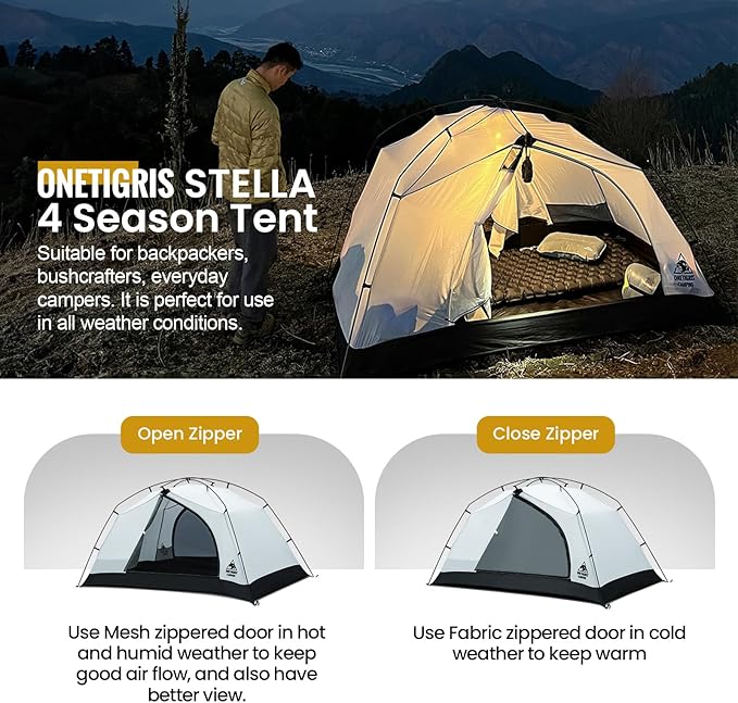 OneTigris Stella 4 Season Camping Tent Backpacking Waterproof Lightweight Easy Setup Instant 3000mm Waterproof Rating Outdoor Hiking Tent