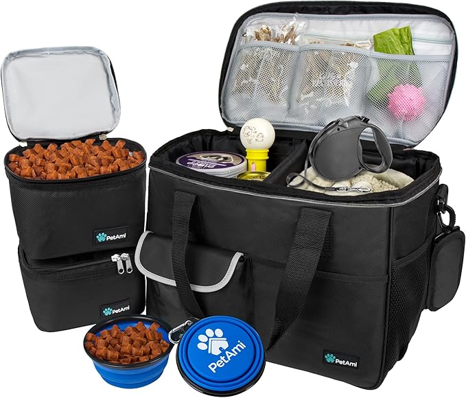 PetAmi Dog Travel Bag, Travel Pet Bag Organizer, Dog Food Travel Bag with Container Collapsible Bowls, Pet Travel Supplies Gift Accessories for Weekend Camping, Puppy Cat Diaper Bag, Black Medium