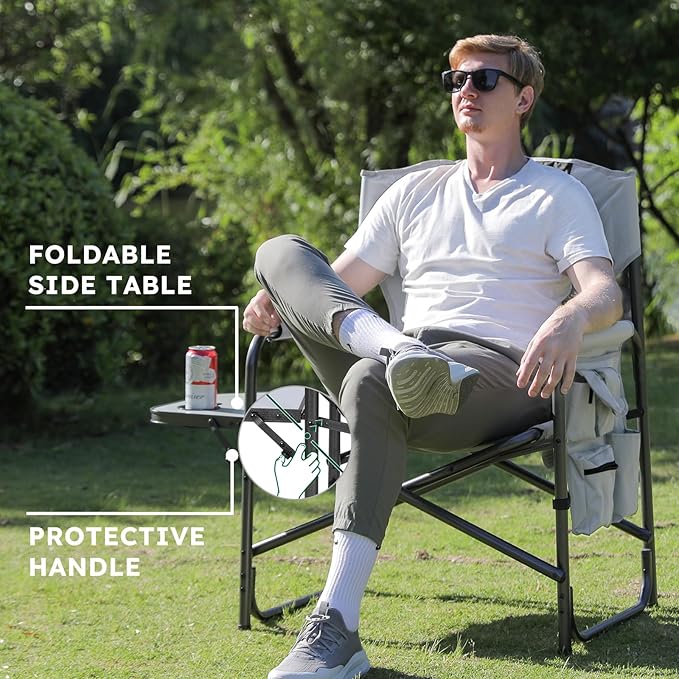 Colegence Oversized Directors Camping Chair Support 600 LBS, Heavy Duty Folding Outdoor Chairs with Detachable Side Pocket and Adjustable Side Table for Outside Beach,Lawn,Fishing (Black)