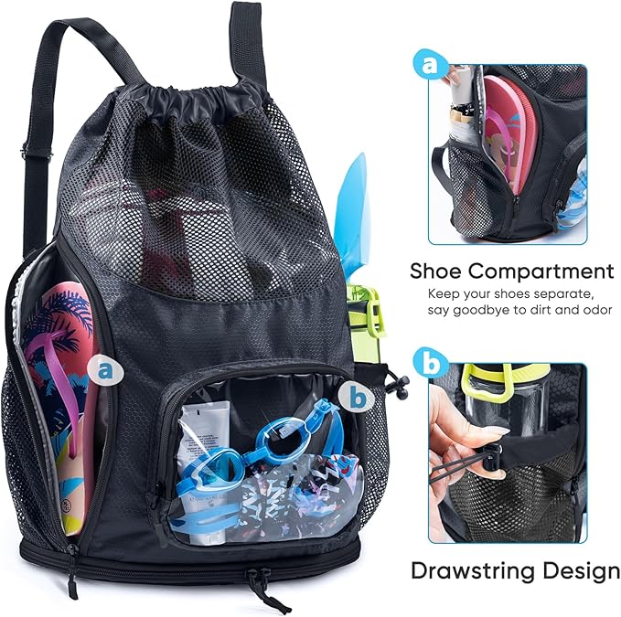Mesh Drawstring Backpack with Shoe Compartment, Sandproof Beach Swim Bag with Wet Pocket, Pool Gym Shower Bag for Travel Summer Camp