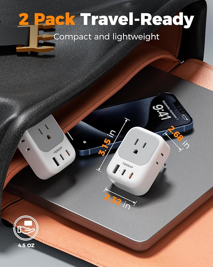 TESSAN Switzerland Travel Plug Adapter PD 20W, 2 Pack Type J Switzerland Power Adapter with 4 Outlets 3 USB (2 USB-C), Swiss Plug for US to Rwanda Jordan Liechtenstein Madagascar, Travel Essentials