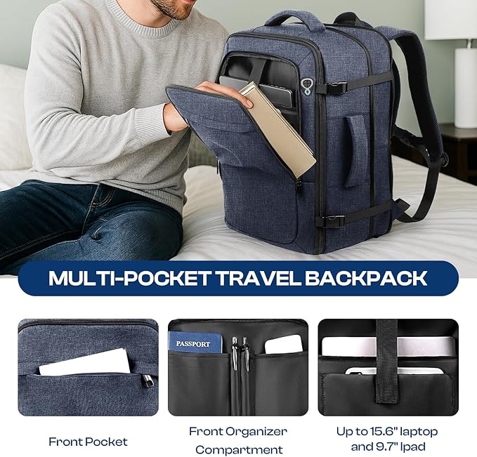 Carry on Backpack, 35L-45L Expanable Travel backpack,TSA Airplane Approved, Daypack Weekender Bag Fits 17 Inch Laptop, Travel Gifts for Men, Blue
