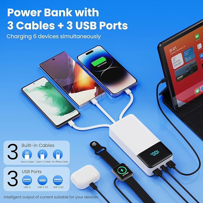 Portable Charger 50800mAh Power Bank with 3 Built in Cables,25W PD QC4.0 Fast Charging USB C Battery Pack,6 Outputs 2 Inputs Travel Essentials Phone Charger for iPhone 17/16/15,Google,Android,White