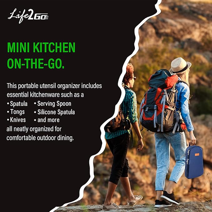 Life 2 Go 12 Pcs Camp Cooking Utensil Set & Outdoor Kitchen Gear Cookware Kit, Portable Compact Carry Case for Camping, Hiking, Travel, BBQ Grilling Stainless Steel Accessories Spoon & Fork, Navy