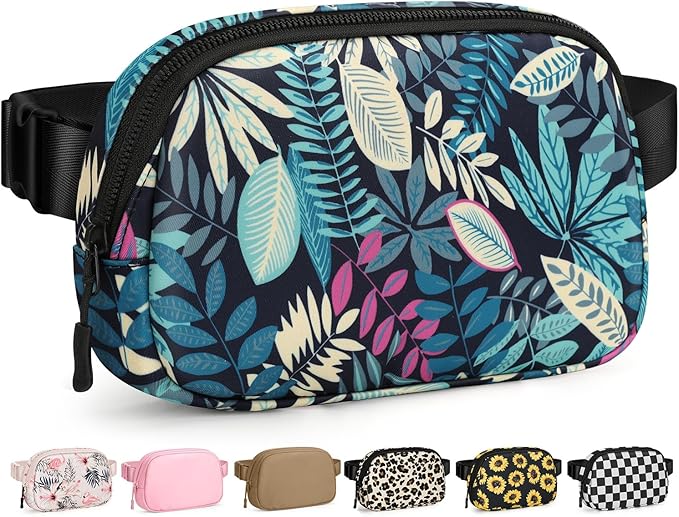 Pritent Fanny Packs for Women Cross Body Bag Waterproof Belt Bag with Adjustable Strap and Zipper Back Pocket Small Crossbody Bags Fashion Waist Packs for Workout Travelling(Tropical Leaf)