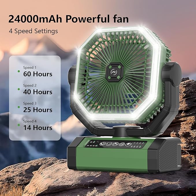 Allsion Camping Fan - 24000mAh Portable Fan, Rechargeable Fan with Light & Remote, Battery Powered Fan 4 Speed Strong Airflow, Desk/Camping/Outdoor/Gym Fan for Office Travel Treadmill Camping Gear