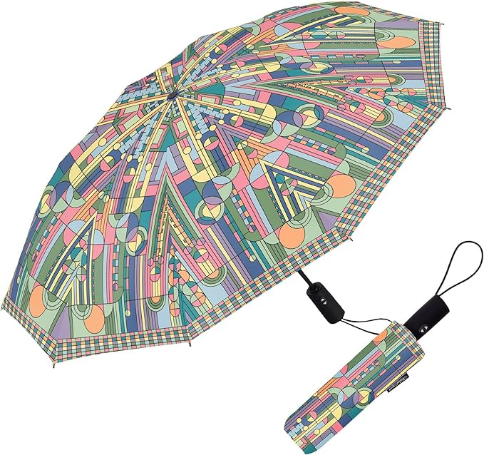 RainCaper Frank Lloyd Wright Windproof Auto Open Close 43” Coverage Folding Travel Umbrella with Matching Sleeve