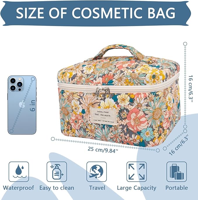 Gosect Large Makeup Bag, Cute Cosmetic Bag for Women Girls, Floral Coquette Aesthetic Toiletry Bag, Travel Make Up Organizer Bag (South Twigs Flower)
