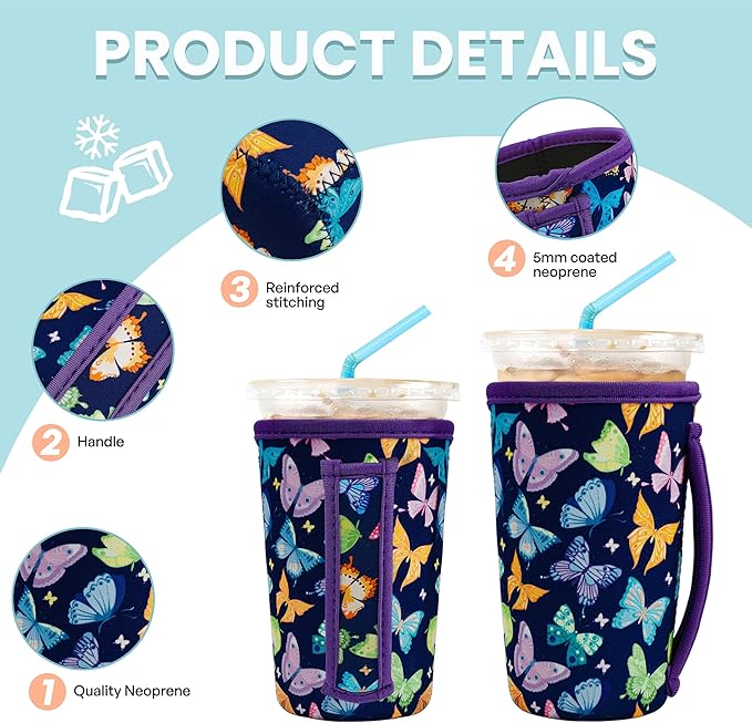KJQJLY 3 Pack Reusable Iced Coffee Sleeves for Iced Coffee Cups or Drinks Reusable Neoprene Insulated Sleeves for Hot and Cold Drinks from Starbucks, Dunkin, And More (Dark butterfly)