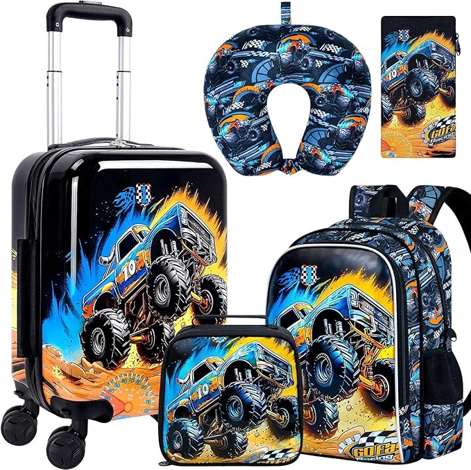 5Pcs Kids Suitcase Set for Boys, 16.5" Hardside Luggage with Spinner Wheels, Truck Travel Carry on Luggage Airline Approved (Black)