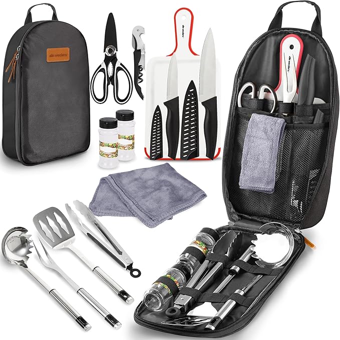 Wealers Camp Kitchen Cooking Utensil Set Travel Organizer Grill Accessories Portable Compact Gear for Backpacking BBQ Camping Hiking Travel Cookware Kit Water Resistant Case