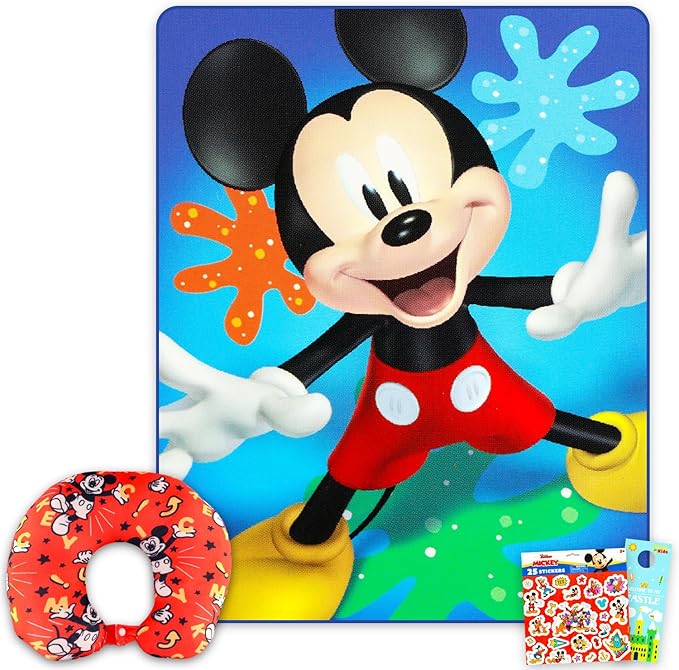 Disney Mickey Mouse Travel Blanket and Pillow Set - Bundle Throw Blanket, Neck Pillow, Stickers, More | Mickey Travel Accessories for Kids, Boys