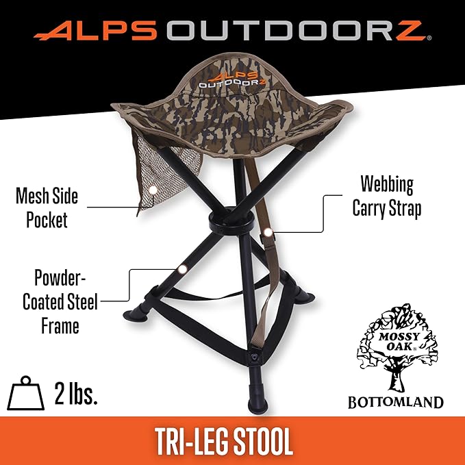 ALPS OutdoorZ Tri-Leg Stool Mossy Oak Original Bottomland Folding Hunting Stool with Steel Frame, 600D Polyester Fabric, Compact Packable Design & Carry Strap for Turkey Hunting & Camping
