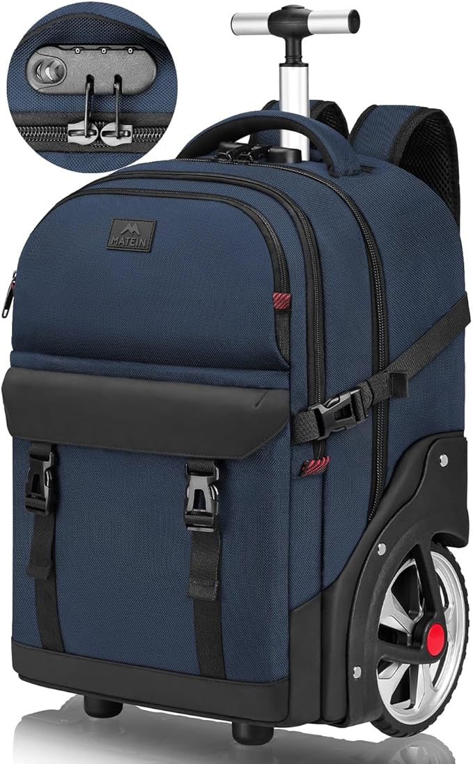 MATEIN Rolling Backpack with Wheels, 17 Inch Large Roller Backpack with Combination Lock, Water Resistant Anti Theft Travel Wheeled Backpacks Laptop Back Pack for Men Women Work Business Commute, Blue