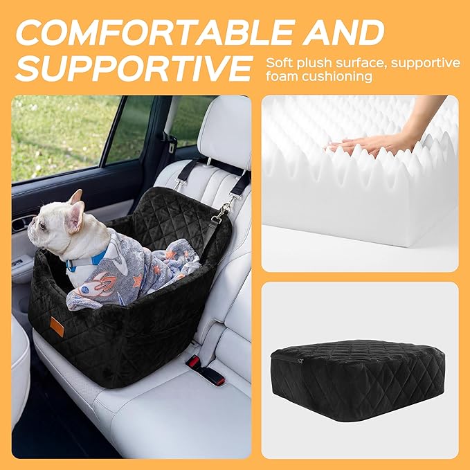 HiPetpy Dog Car Seat 6" Elevated Memory Foam Booster Seat for Small Medium Dogs Under 35 lbs with Pet Blanket, Washable Pet Car Seat with Safety Leash, Anti-Slip Base and Storage Pockets