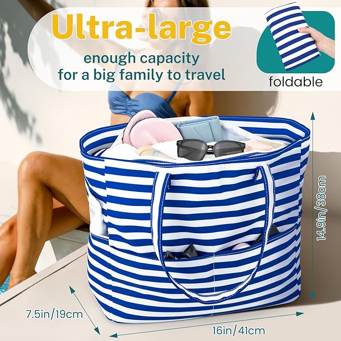 Iioscre Beach Bag for Women, Causal Hobo Pool Bags with Zipper Inner Pocket, Foldable Swim Tote Bag for Vacation Essentials