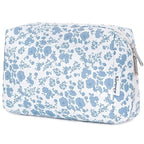 Narwey Cute Floral Makeup Bag Travel Cosmetic Bag Organizer Toiletry Bag Make Up Bags with Organized Pocket for Women Girls (Large,Blue Flower)