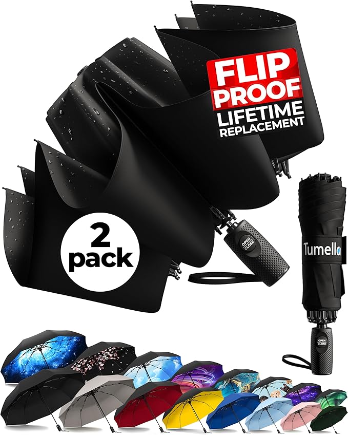 TUMELLA Inverted Windproof Umbrella, Large, Strong, Light, Portable, Automatic Reverse Folding Rain Umbrella, Durable Premium Grip, Fits Car & Backpack