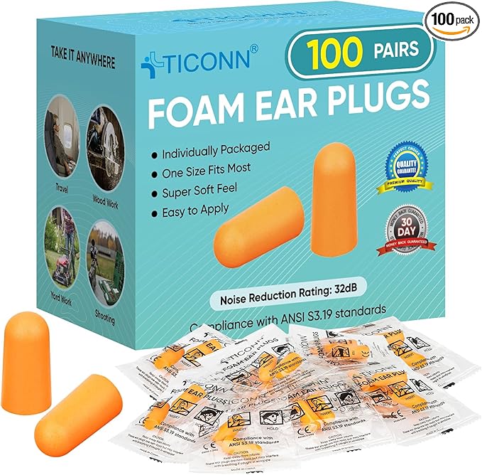TICONN 100 Pairs Foam Ear Plugs, Individually Wrapped 32dB NRR Noise Reduction Earplugs for Sleeping Hearing Protection Travel Study Concentration Construction Site (100 Pairs)