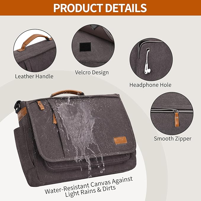 ESTARER Computer Messenger bag Water-resistant Canvas Shoulder Bag 15.6 Inch Laptop for Travel Work, Grey