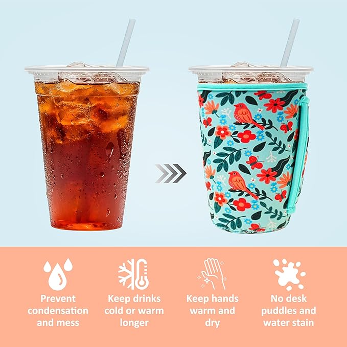 KJQJLY 3 Pack Reusable Iced Coffee Sleeves for Iced Coffee Cups or Drinks Reusable Neoprene Insulated Sleeves for Hot and Cold Drinks from Starbucks, Dunkin, And More (Bird)