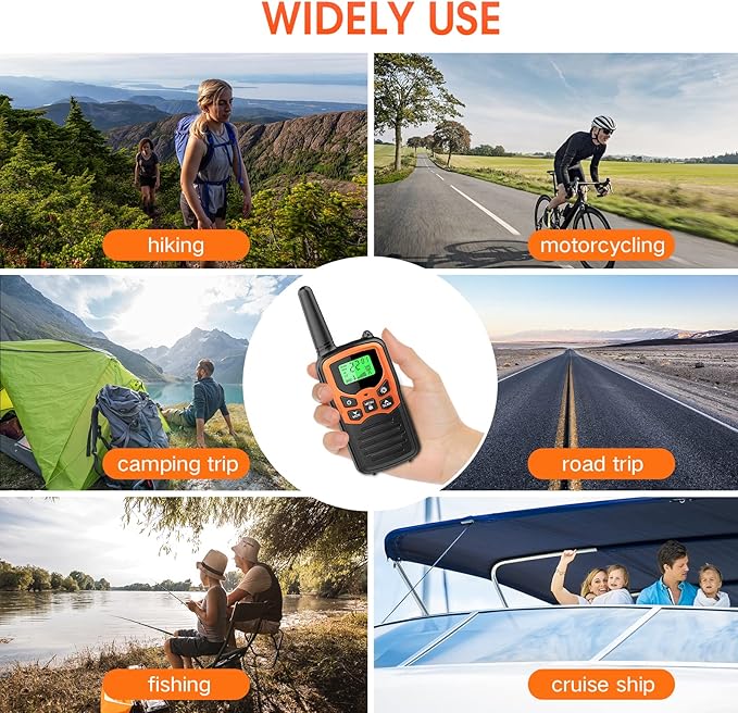 Walkie Talkies, MOICO Long Range Walkie Talkies for Adults with 22 FRS Channels, Family Walkie Talkie with LED Flashlight VOX LCD Display for Hiking Camping Trip (Orange 2 Pack)