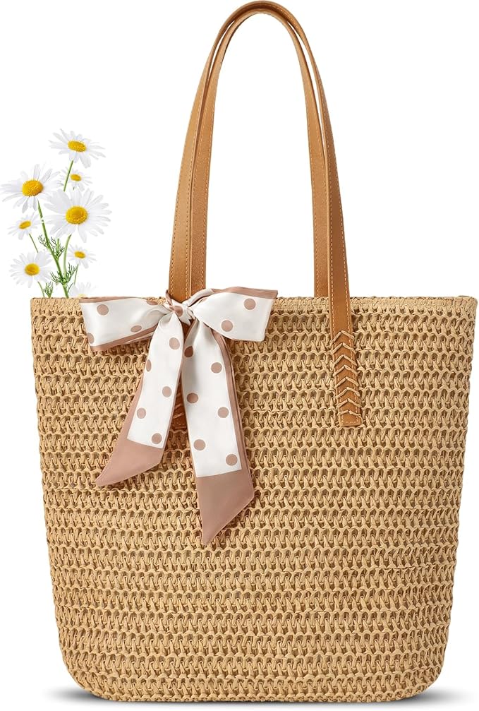 Trifabricy Beach Bags for Women, Large Straw Beach Bag, Beach Tote Bag Shoulder Handbags, Straw Bag Beach Purse for Summer