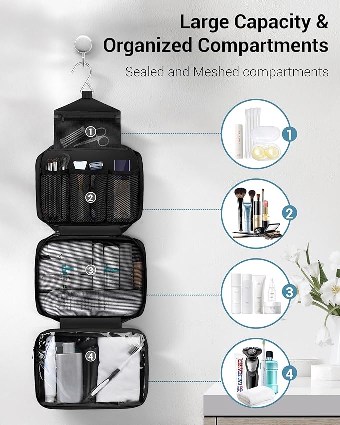 Maliton Toiletry Bag for Men & Women Travel Toiletry Bag Hanging Toiletry Bag Hygiene Bag with 4 Compartments Waterproof Bathroom Shower Bag for Traveling(Black)