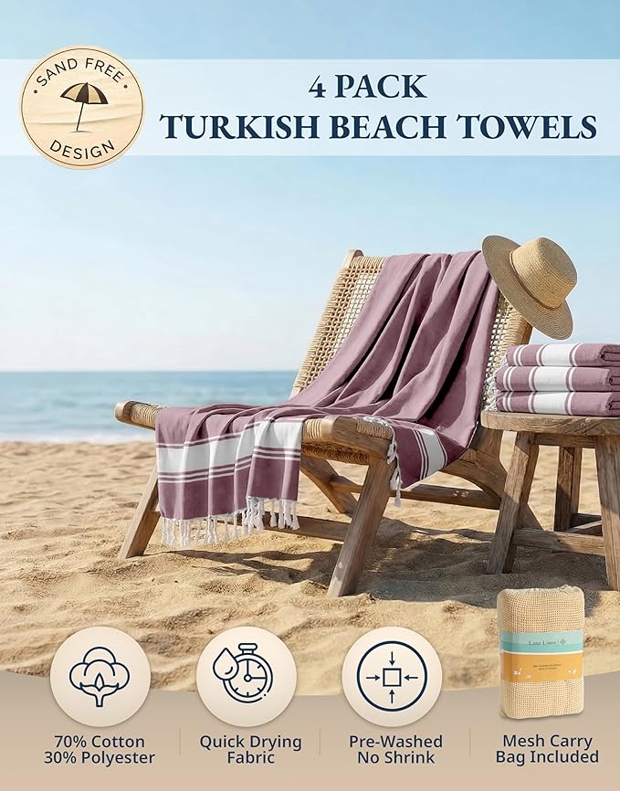 LANE LINEN Beach Towels 4 Pack - Beach Towels Oversized, Pre-Washed Extra Large Beach Towel, Quick Dry, No Sand Beach Towel, Pool Towels for Adults, 39"x71" - Wistful Mauve