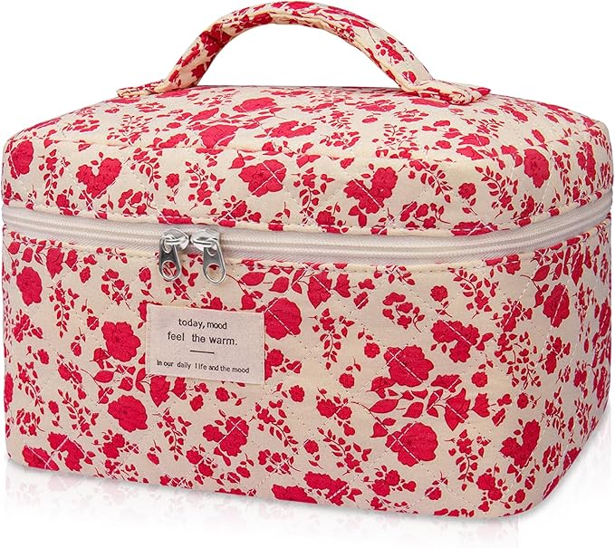 Gosect Large Makeup Bag, Cute Cosmetic Bag for Women Girls, Floral Coquette Aesthetic Toiletry Bag, Travel Make Up Organizer Bag (Pink Rose)