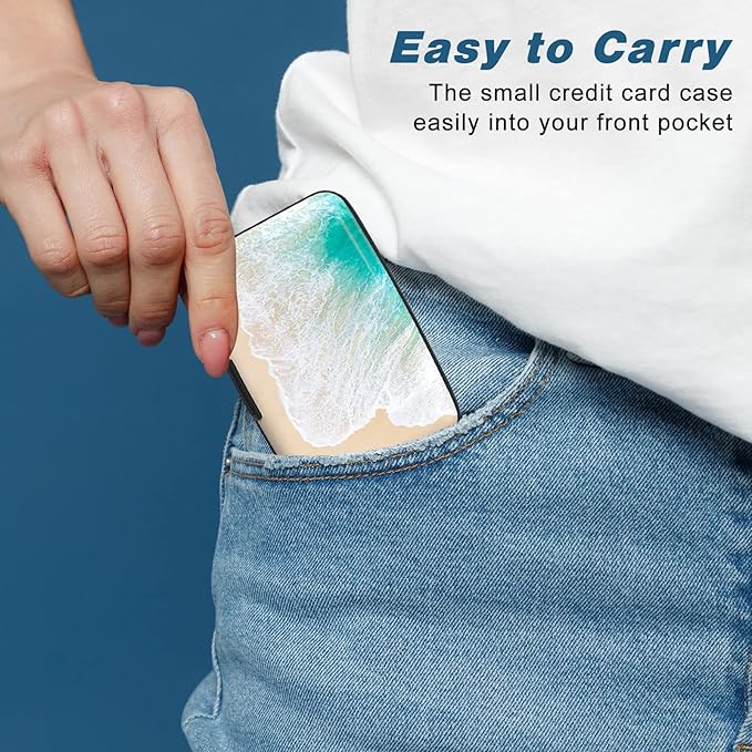 Credit Card Holder, Mini Aluminum Card Wallet RFID Blocking Slim Metal Hard Card Case for Women Men, Beach