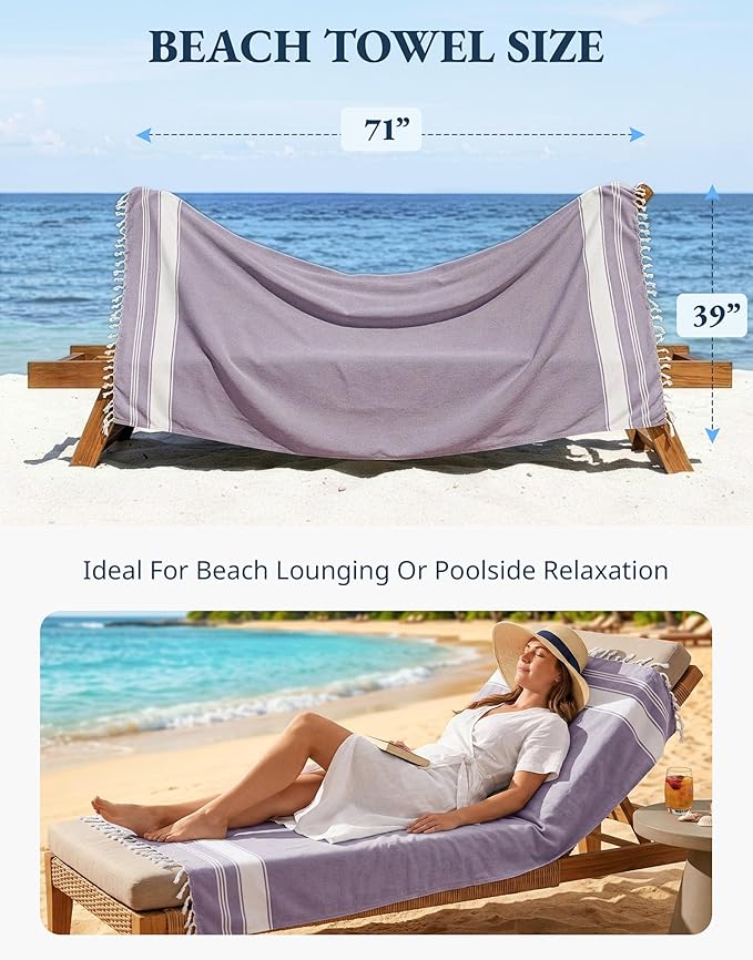 LANE LINEN Beach Towels 4 Pack Oversized - Turkish Towel Set, Pre-Washed Oversized Beach Towel, Quick Dry Beach Towels for Travel, Large Pool Towels, 39"x71" - Day Break