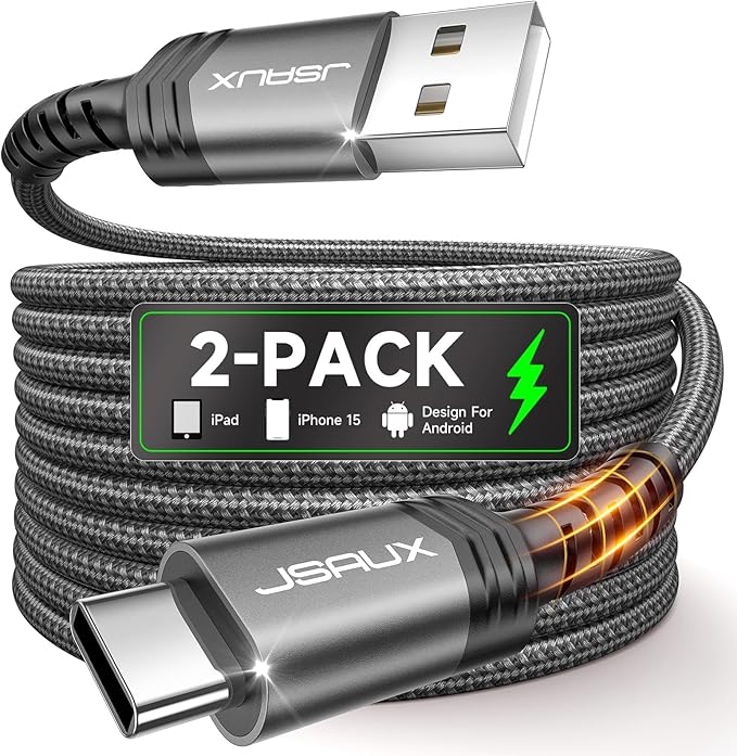 JSAUX USB C Cable [2-Pack 3.3ft], USB A to USB Cord Fast Charging for iPhone Air, iPhone 17, iPhone 17 Pro, iPhone 17 Pro Max, iPhone 16/iPhone 15 Series, Samsung S20 S10, Note 20 10, Car Play - Grey