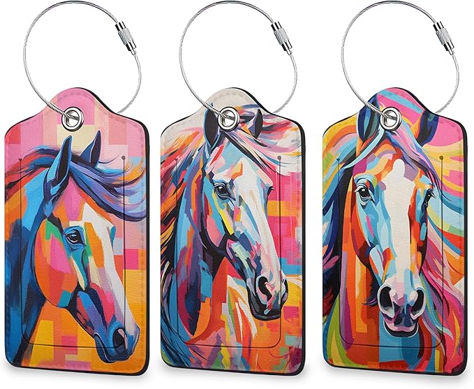 Colorful Horse 3 Pack Luggage Tag for Suitcase, Leather Bag Tags with Privacy Cover ID Label and Durable Steel Loop for Cruise Airport Travel