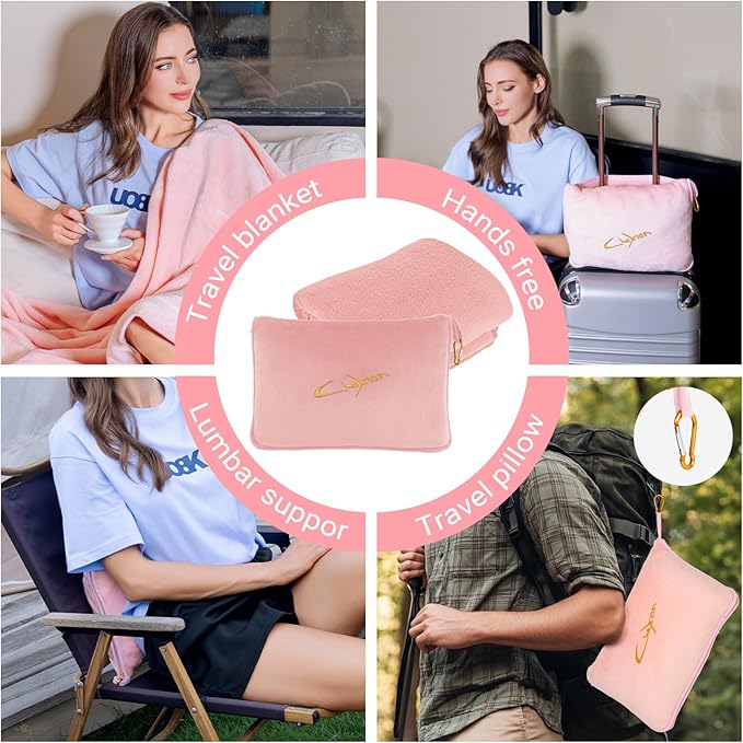 Travel Blanket and Pillow Set, 300 GSM Soft Fleece, 60x43 Inches, 3-in-1 Compact with Bag, Pink