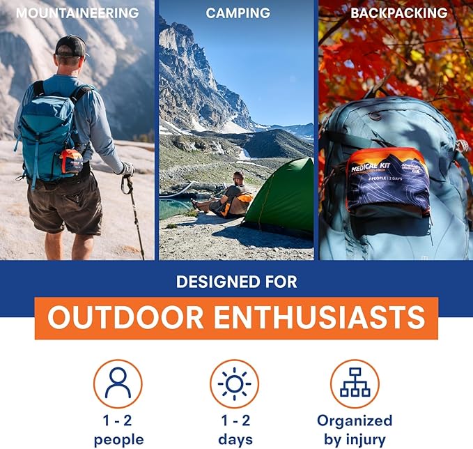 Adventure Medical Kits Mountain Series Medical Kit - Hiker - Emergency Medical First Aid Kit - for 2 People for 2 Days - Comes with a Trauma Pad, Medicine, Guide Book & More - Sunset