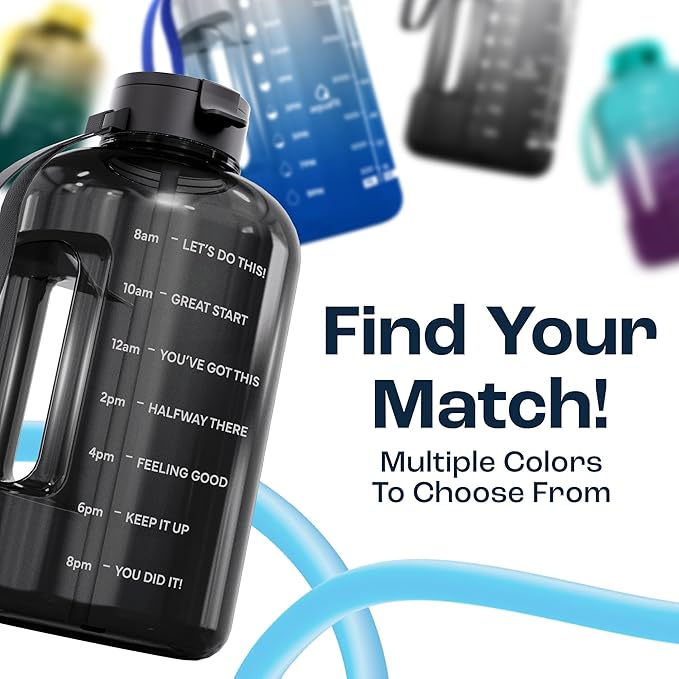 AQUAFIT Half Gallon Water Bottle with Time Marker - Straw & Chug Lid - BPA Free Gym Water Bottle with Straw - Big Gallon Jug (Blue Skies, 64 oz - 2 Lids)