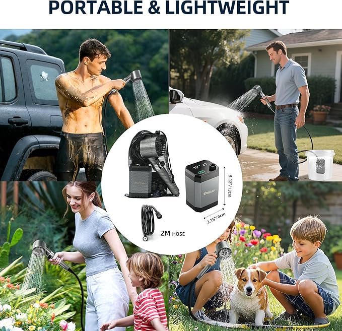 Portable Shower for Camping, Filtered Camping Shower, IPX8 Waterproof，6000mAh Rechargeable Outdoor Camp Shower Pump with LED Display, 4 Spray Modes for Hiking, Travel, Pet