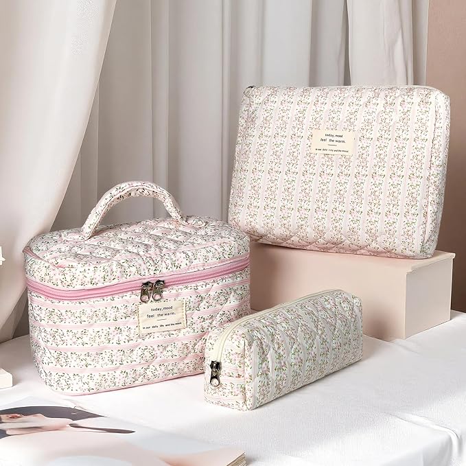 Gosect Makeup Bag Set, Portable Travel Make up Bag, Large Capacity Quilted Cosmetic Organizer Bag, Cute Floral Toiletry Bag for Women Girls (Pink Flower)