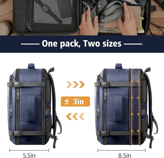 Flight Approved Travel Backpack with LifetimeWarranty,Expandable Carry on Backpack 40-50L with Cable Access Port,Fits 17.3"Laptop,Flight TSA friendly,Anti Theft Laptop Backpack Travel,Commuting,Blue