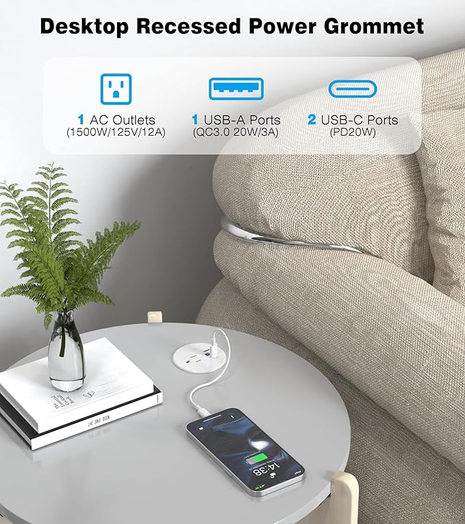 Desk Grommet Power Outlet, 2.5 inch Desktop Recessed Outlet with 20W Fast Charging USB-C Port, Flush Mount Outlet for Conference Rooms, Office Tables, Furniture (White, 6FT)