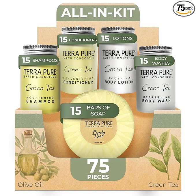 Terra Pure Hotel Soaps and Toiletries Bulk Set | 1-Shoppe All-In-Kit Amenities for Hotels | 1oz Hotel Shampoo & Conditioner, Body Wash, Body Lotion & 1.25oz Bar Soap Travel Size Toiletries | 75 Pieces